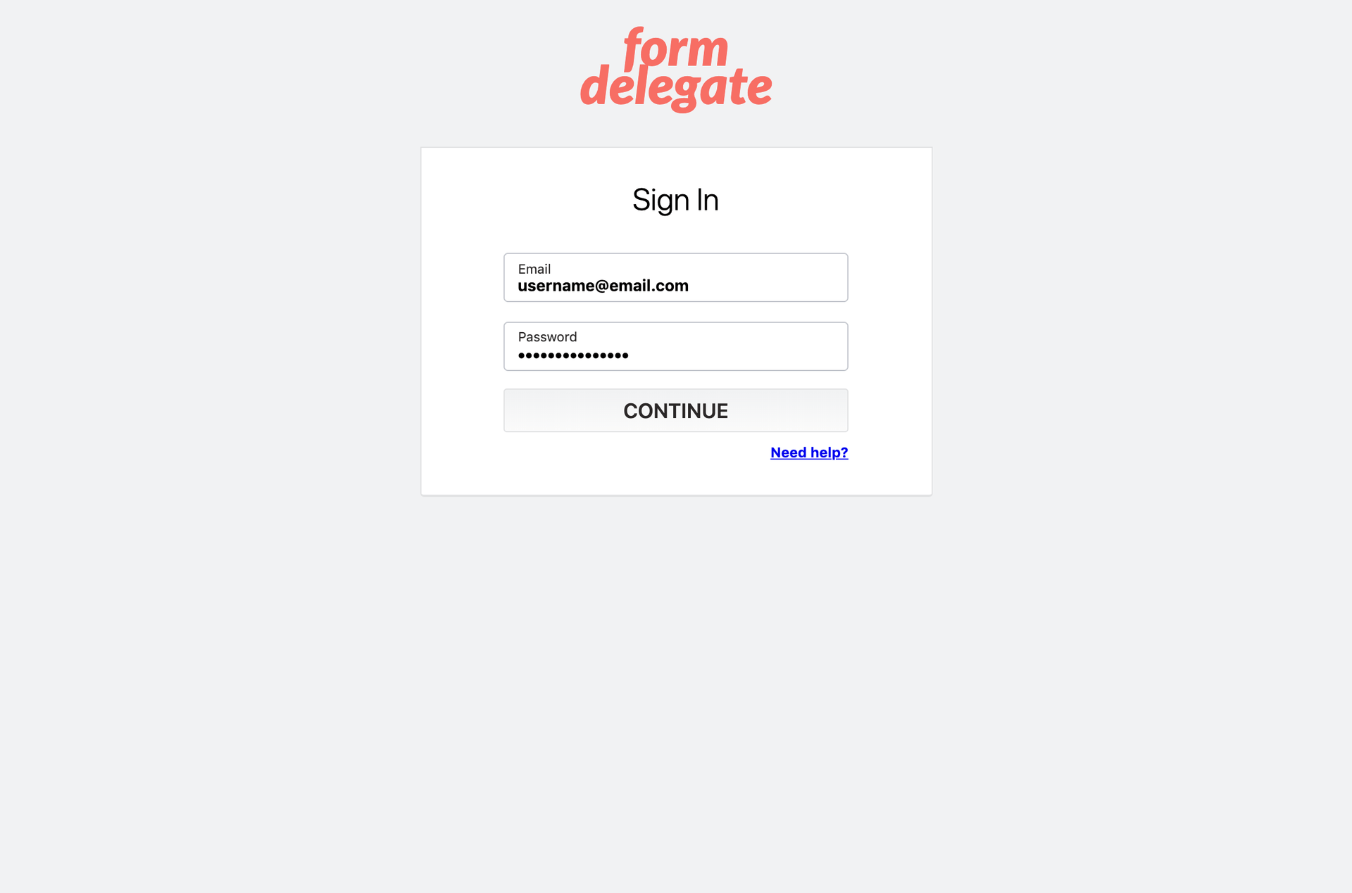 A login screen for the alpha version of Form Delegate